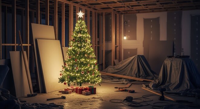 Christmas tree glowing with warm lights in unfinished home renovation, festive celebration, holiday spirit