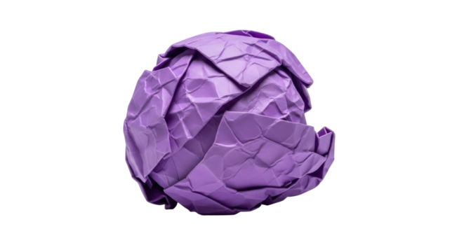 Isolated crumpled purple paper ball for trash or creative idea generation, studio shot
