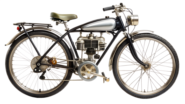 Vintage motorized bicycle isolated on transparent background, a classic mode of transportation with a touch of nostalgia and a unique design