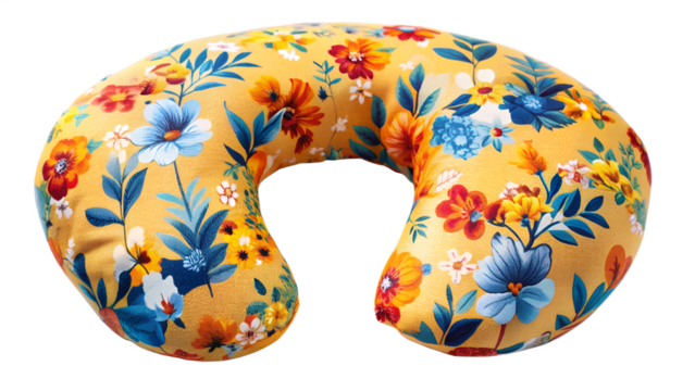 Floral neck pillow isolated on transparent background, featuring a vibrant pattern of colorful flowers and leaves on a soft, comfortable cushion - Powered by Adobe