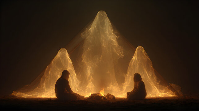 Ghost family around glowing campfire, volumetric smoke rays, atmospheric depth, triadic warm tones, golden ratio framing