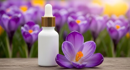 A white dropper bottle of cosmetic serum or essential oil placed next to a purple crocus flower on a wooden surface