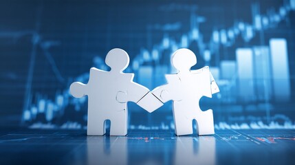 Two puzzle pieces connecting, against a blurred background of stock charts