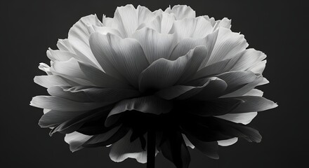 A delicate black and white closeup of a peony flower with intricate petals against a dark background