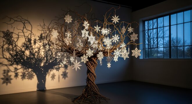 Elegant winter tree sculpture with snowflake ornaments casting a stunning shadow against a wall, modern art