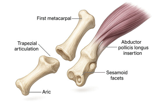 Anatomical illustration of the bones and muscles of the thumb, including the first metacarpal, trapezium, abductor pollicis longus insertion, sesamoid facets, and articulation points.