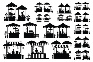 Silhouette market stalls with vendors and products