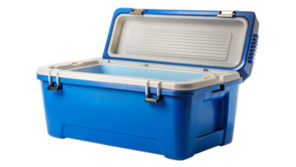 Open blue ice chest isolated on transparent background, perfect for keeping food and drinks cold during outdoor activities and summer adventures
