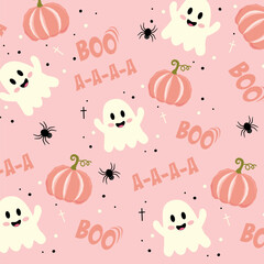 Cute Halloween-themed pattern featuring ghosts, pumpkins, and spiders on a pink background. Perfect for festive designs and decorations