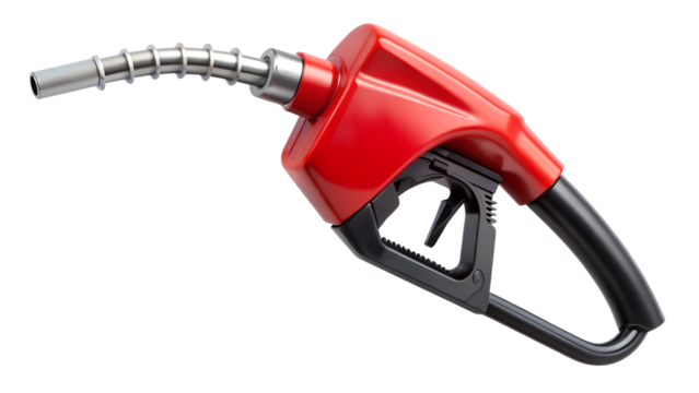 Red fuel nozzle isolated on transparent background, a vital tool for refueling vehicles with gasoline at the gas station