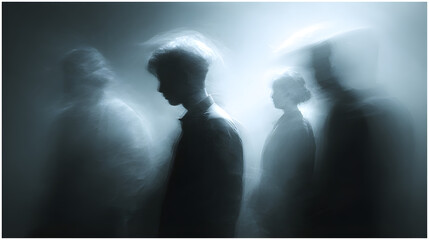 Ghost silhouettes as misty outlines, cinematic split lighting, focus stacking clarity across layers, cool analogous palette of whites-grays-blues, haunting ethereal wallpaper