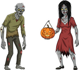 Cartoon zombie couple, scary Halloween illustration, creepy undead characters, spooky pumpkin art, horror walking dead design, undead man and woman artwork