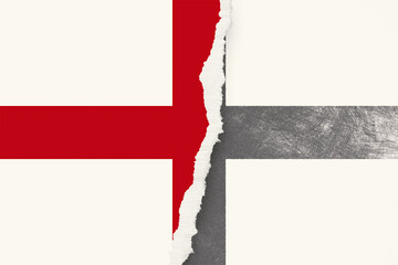 A visually striking conceptual image showcases a torn paper effect dividing the red and white England flag from its monochrome, textured counterpart, evoking a sense of duality and © Mulkan
