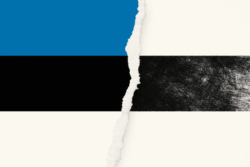 Abstract artistic interpretation featuring the Estonian flag split by a textured tear, evoking...