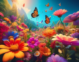 colorful floral haven with diverse blossoms and active butterflies