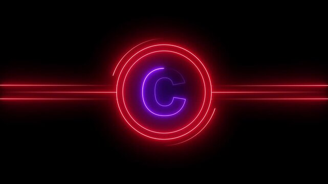C dynamic purple color animation featuring a glowing neon 'C' symbol, encircled by a vibrant red circle. The animation has a modern, energetic feel creative projects red line on black background.