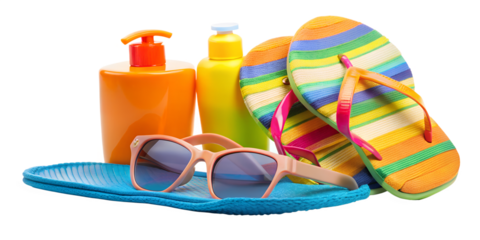 Summer essentials isolated on transparent background featuring sunglasses, flip flops, and sunscreen bottles, perfect for a beach vacation or poolside relaxation