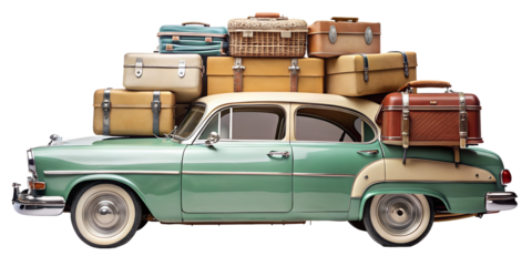 Vintage car overloaded with luggage isolated on transparent background, evoking a sense of travel, adventure, and nostalgia for classic road trips