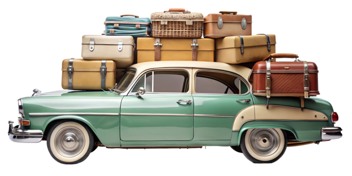 Vintage car overloaded with luggage isolated on transparent background, evoking a sense of travel, adventure, and nostalgia for classic road trips