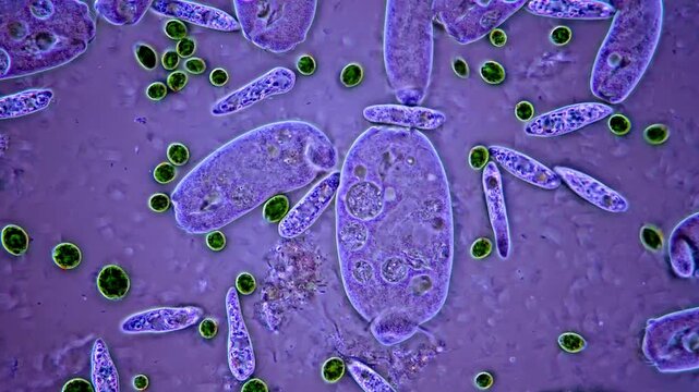 Movement of Green algae and euglena protozoa under microscope, 400x
