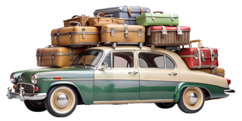 Classic car overloaded with vintage luggage isolated on transparent background, symbolizing travel, adventure, and the charm of bygone eras