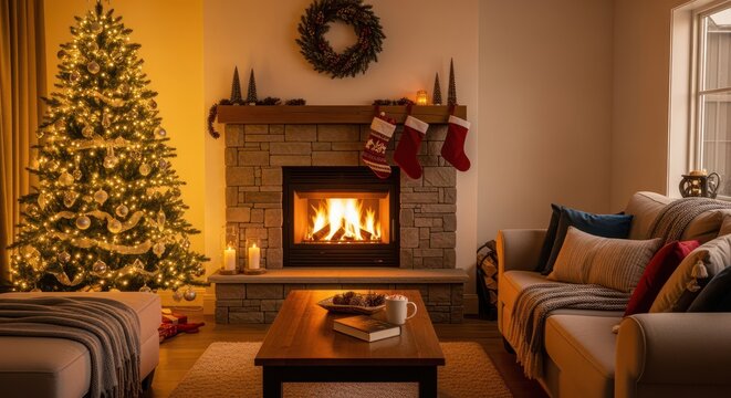 Cozy Christmas living room with a glowing fireplace, decorated tree, and festive holiday ambiance - Powered by Adobe