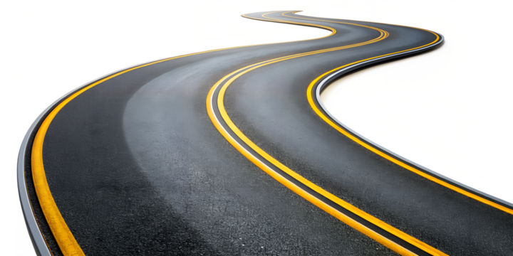 Winding asphalt road with yellow lines isolated on transparent background, symbolizing journey, direction, and the path ahead in transportation and travel
