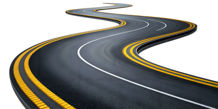 Curving asphalt road with yellow and white lines isolated on transparent background, representing travel, direction, and the open road ahead in transportation