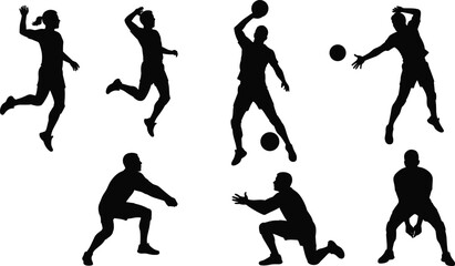 Collection of seven black silhouette people playing volleyball on white background player sport