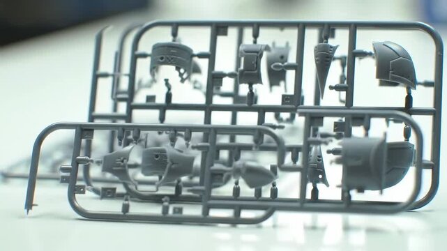 Model kit sprue with small parts ready to assemble plastic pieces