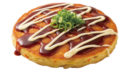 Isolated okonomiyaki pancake drizzled with sauce and mayonnaise topping of green onion food