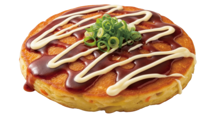 Isolated okonomiyaki pancake drizzled with sauce and mayonnaise topping of green onion food