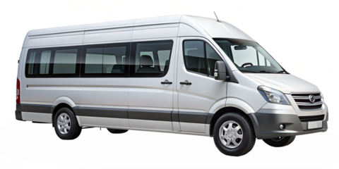 Silver passenger van isolated on transparent background, a spacious vehicle for group transportation, featuring tinted windows and a modern design
