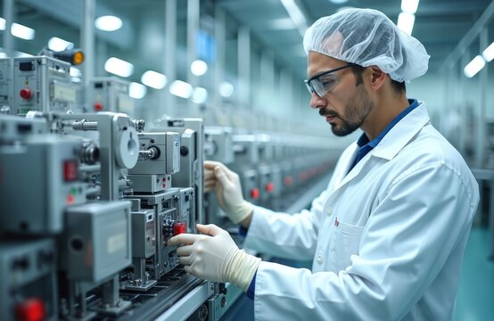 Man in sterile lab coat adjusts machinery in factory. Scientist works in clean tech manufacturing environment, wearing safety glasses and hair net. Inspection system and quality control in action.