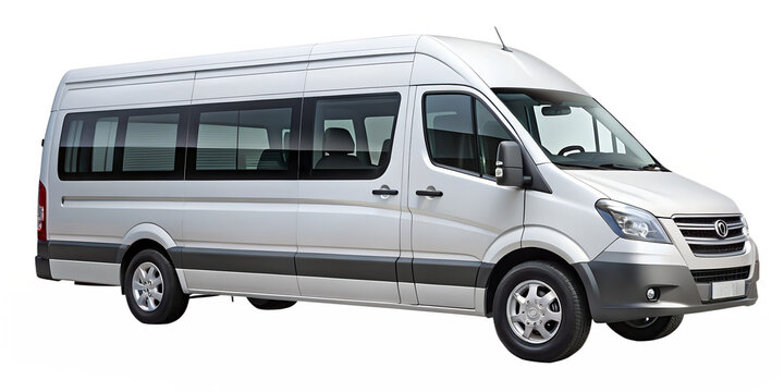 Silver passenger van isolated on transparent background, a spacious vehicle for group transportation, featuring tinted windows and a modern design