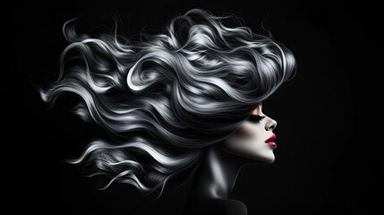 Elegant woman showcases voluminous, wavy grey hair against a dark background in a captivating profile view.