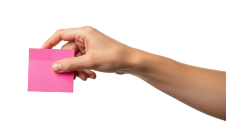 Isolated hand holding a pink sticky note pad ready for writing a message or reminder