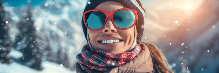 Smiling woman enjoying a snowy mountain landscape while wearing stylish sunglasses and warm winter clothing