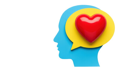 Isolated thoughtful profile in love, red heart in a yellow speech bubble, human emotion symbol