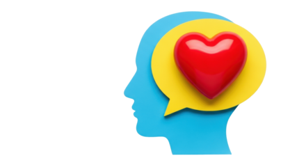Isolated thoughtful profile in love, red heart in a yellow speech bubble, human emotion symbol