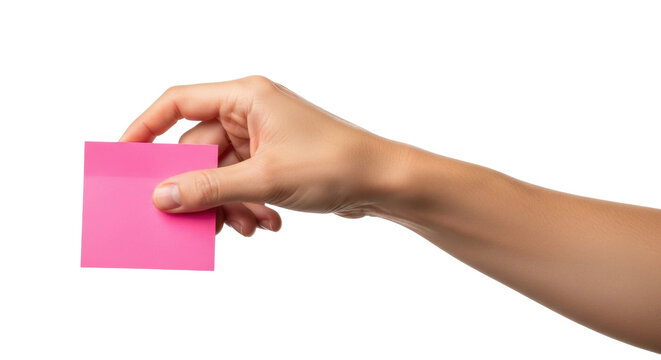 Isolated hand holding a pink sticky note pad ready for writing a message or reminder