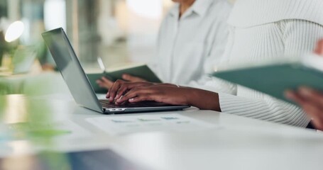 Hands, business and person with laptop in meeting for research, finance report and budget planning. People, tech and typing for schedule update, financial audit and information for investment project - Powered by Adobe