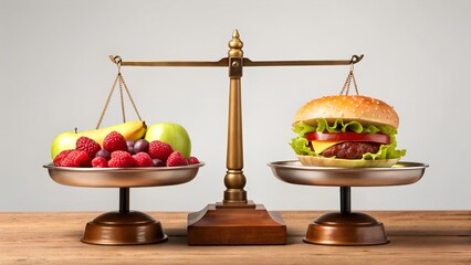 Fruit and burger on a balance scale healthy food unhealthy food
