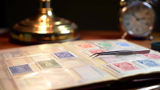 Stamp collection album with vintage stamps and tools for collecting.