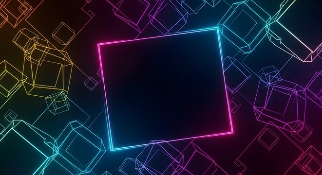 Abstract glowing neon square frame in the center with a background of wireframe cubes in various colors and sizes