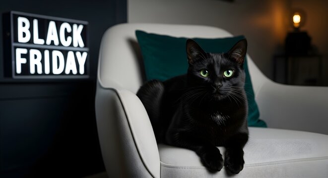 A sleek black cat with striking green eyes sits on a white armchair next to a black friday illuminated sign - Powered by Adobe