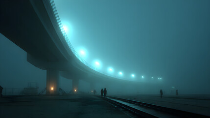 Ghostly silhouette hovering above maglev track, rim+fill light balance, long exposure motion streaks, matte mist effects. Monochrome cyan palette, 