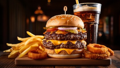 a towering double cheeseburger is the centerpiece of a fast food meal with fries onion rings and soda