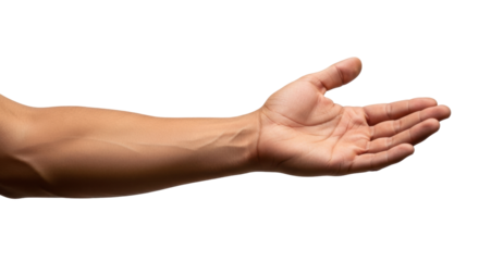 Isolated forearm and hand in an outstretched position reaching to receive or give help or gift