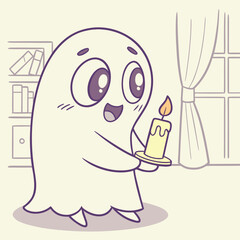 Cute Ghost Holding Candle Vector Illustration Halloween Line Art Icon Clipart